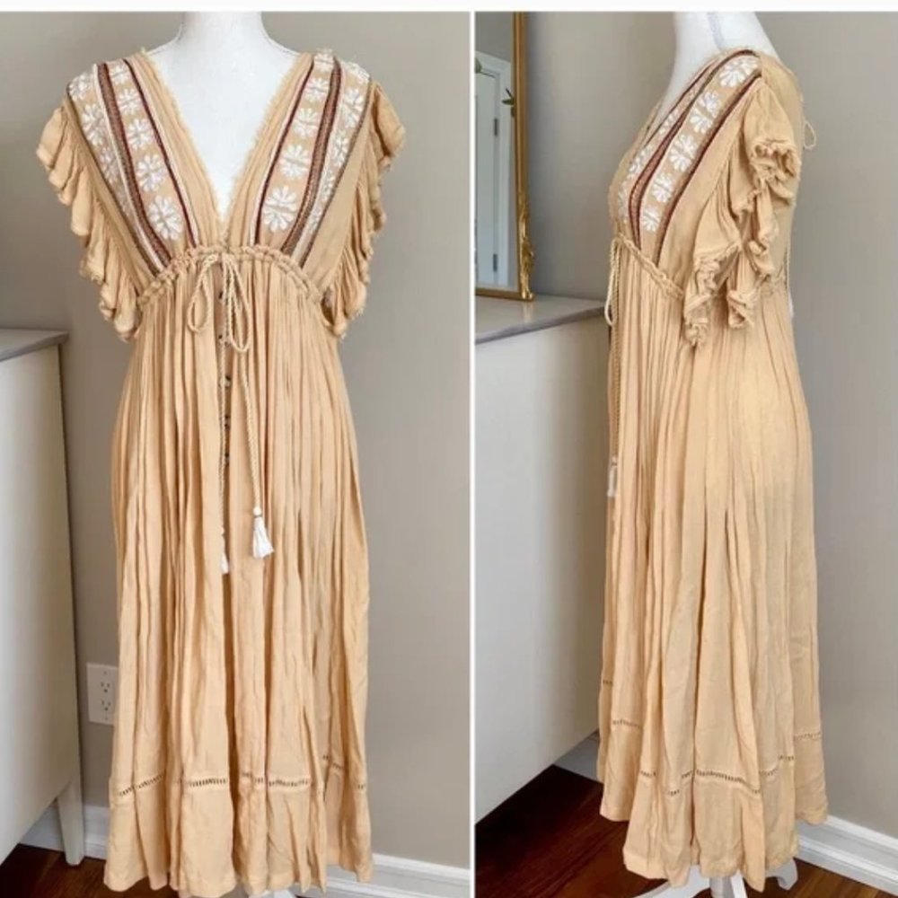 Free People Bali Will Wait For You Embroidered Boho Midi Garbanzo Bean Dress